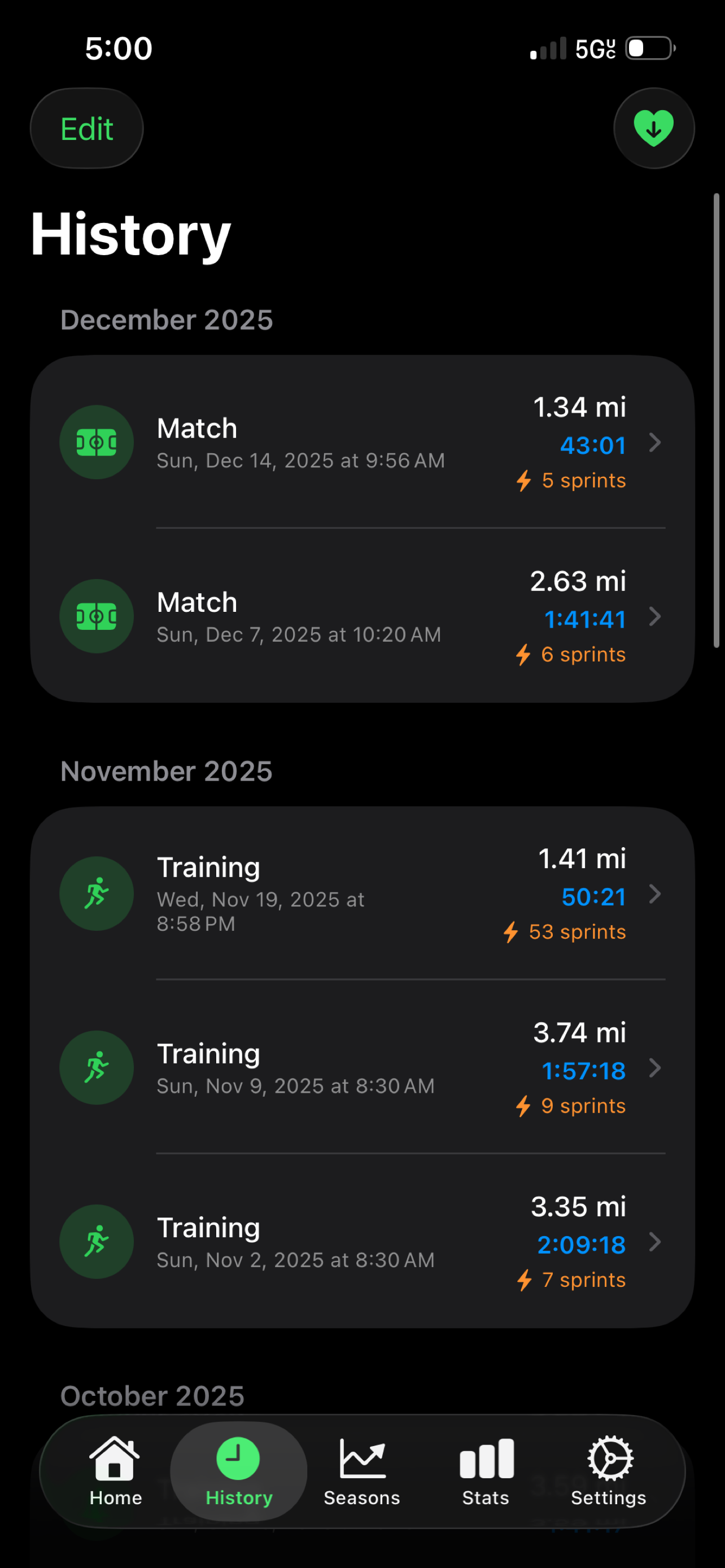 Session history list