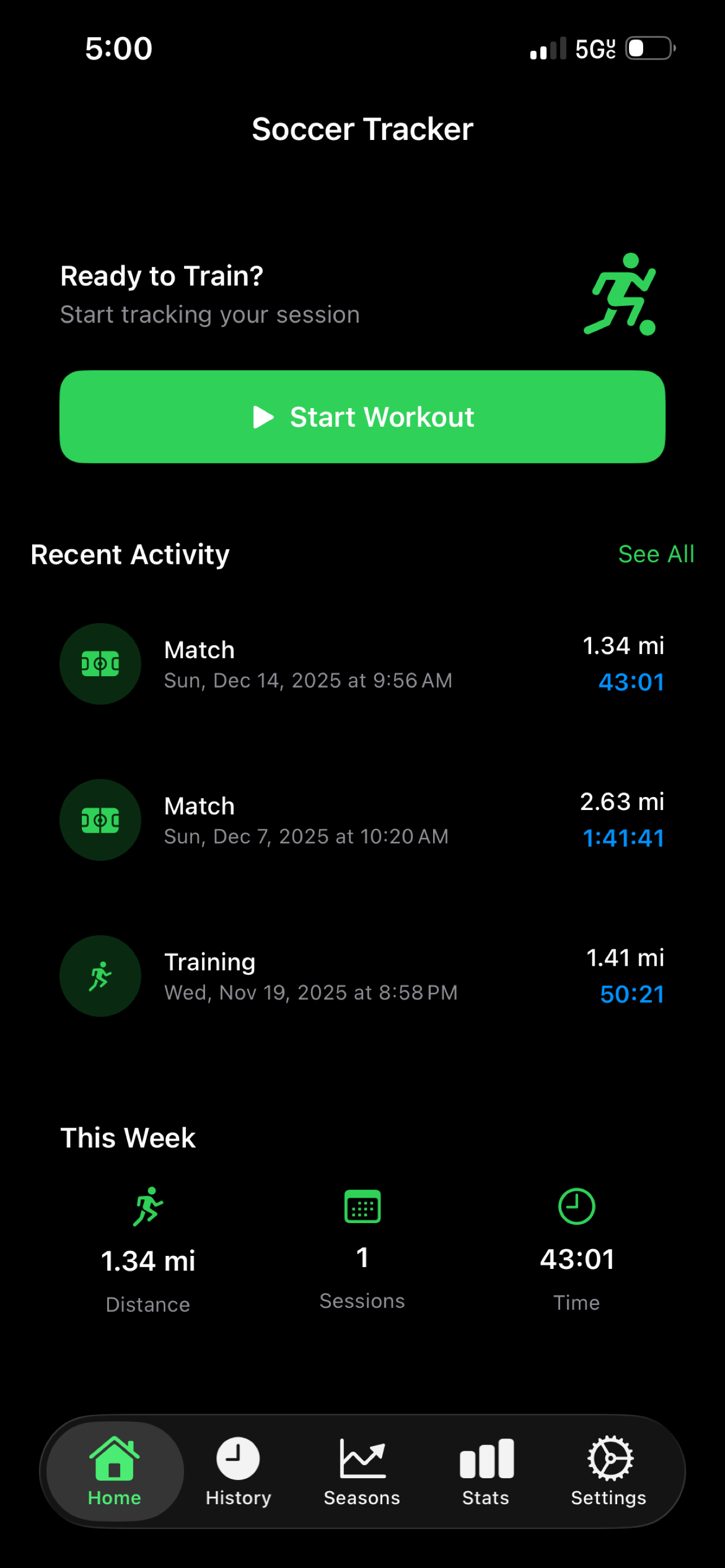 Home screen with quick start and weekly summary