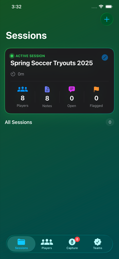 Sessions screen
